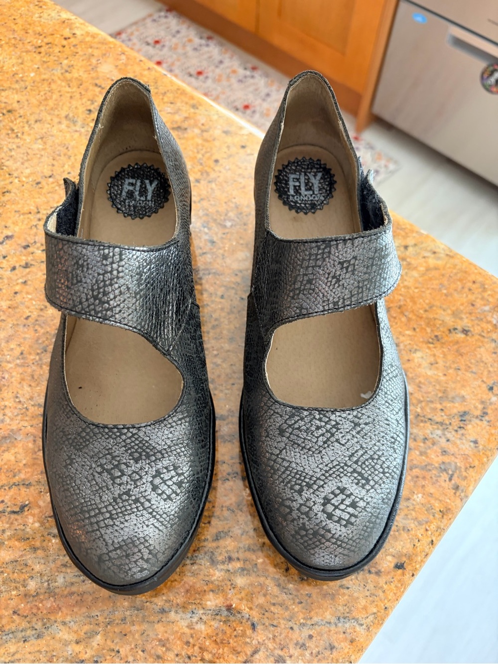 Fly London Metallic Pewter Mary Jane Flats